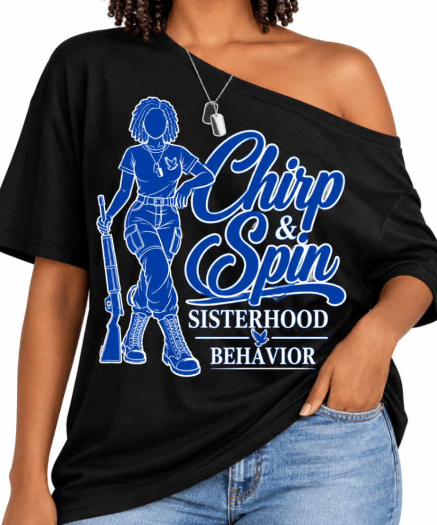 Model wearing the Chirp and Spin off-shoulder tee