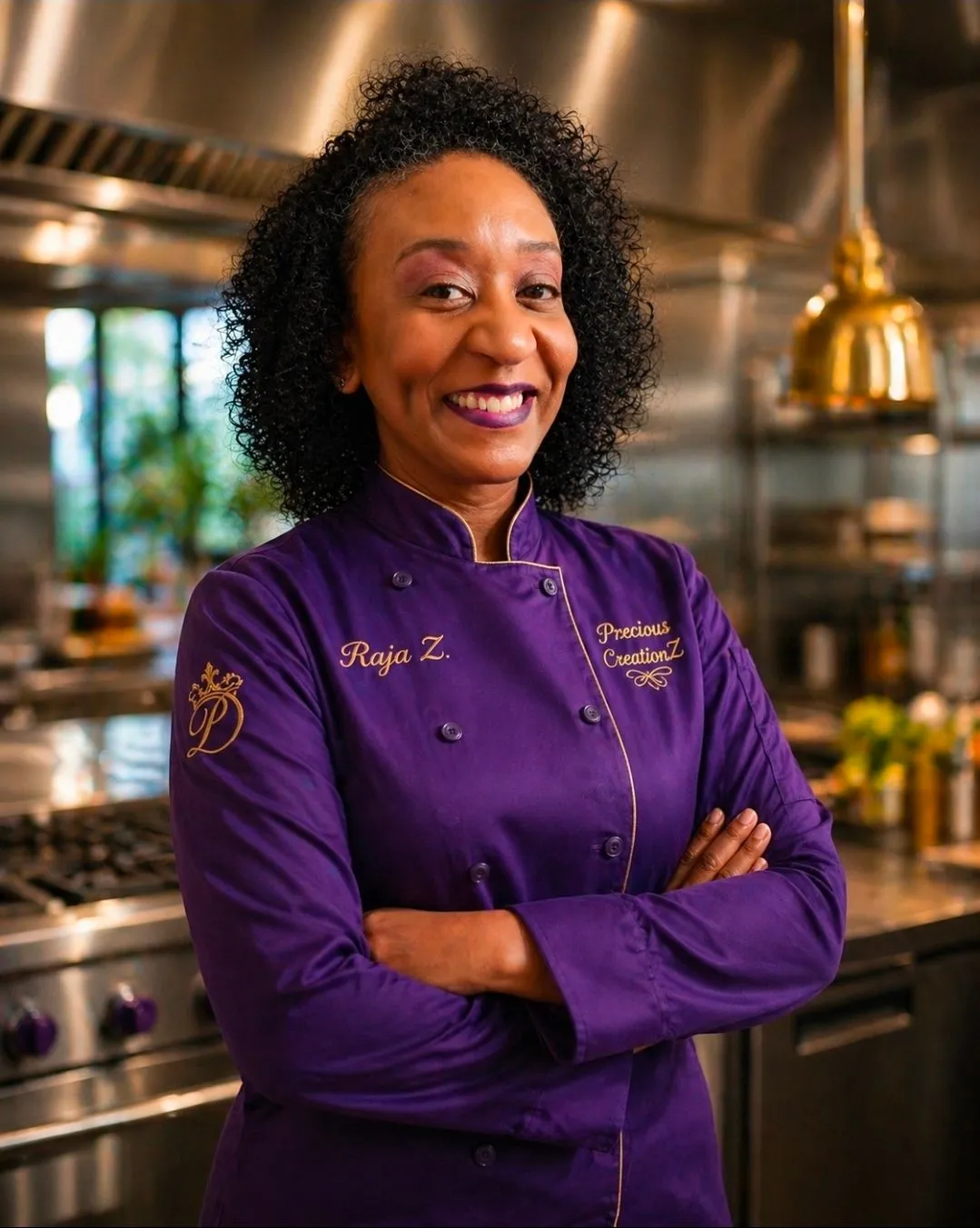 Raja Z in a purple Precious CreationZ chef's jacket in a warm stainless kitchen