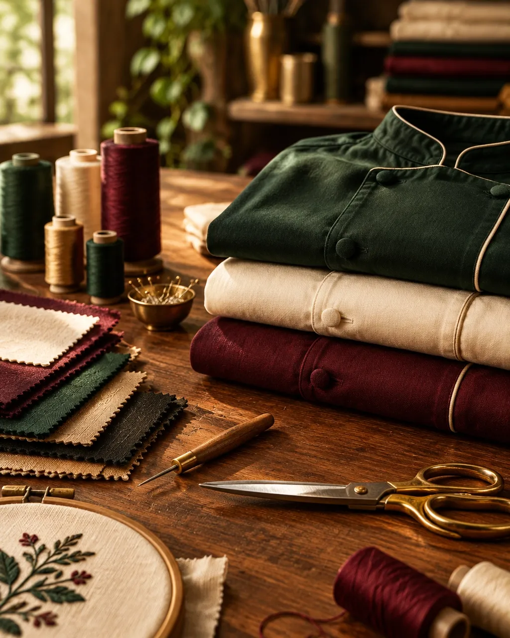 Folded custom apparel, fabric swatches, embroidery thread and scissors on an artisan worktable