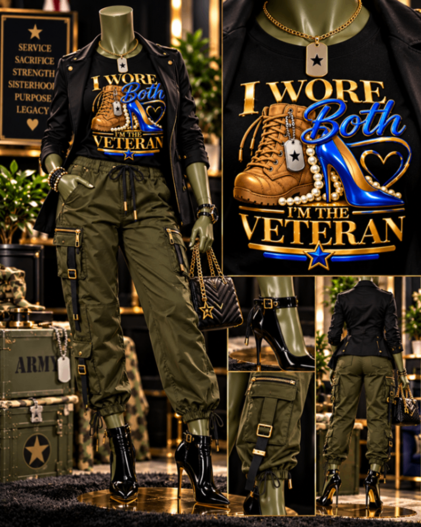 Veteran-owned apparel collage featuring I Wore Both, I'm the Veteran